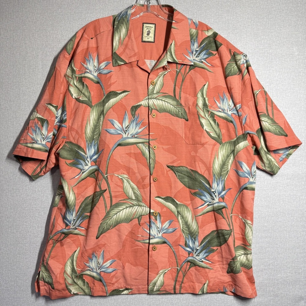 Jamaica‎ Jaxx Shirt Mens 2XL Orange Floral Silk Hawaiian Short Sleeve Button Up